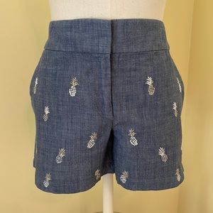 LOFT BLUE COTTON SHORTS WITH EMBROIDERED PINEAPPLES.